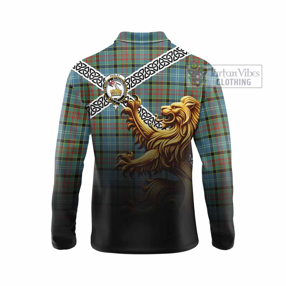 Tartan Vibes Clothing Paisley Crest Tartan Long Sleeve Polo Shirt with Golden Lion Emblem Celtic Style