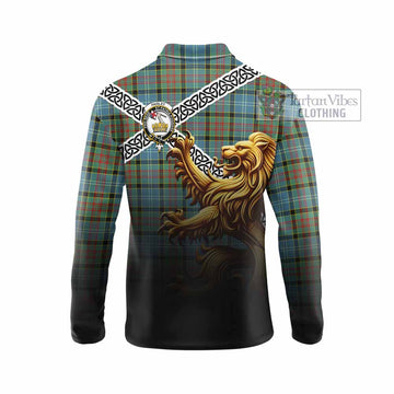 Paisley Crest Tartan Long Sleeve Polo Shirt with Golden Lion Emblem Celtic Style