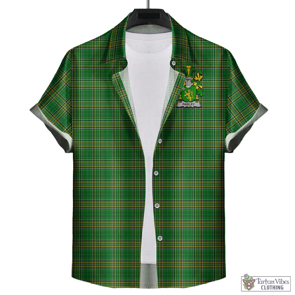 Tartan Vibes Clothing Paisley Ireland Clan Tartan Short Sleeve Button Up with Coat of Arms