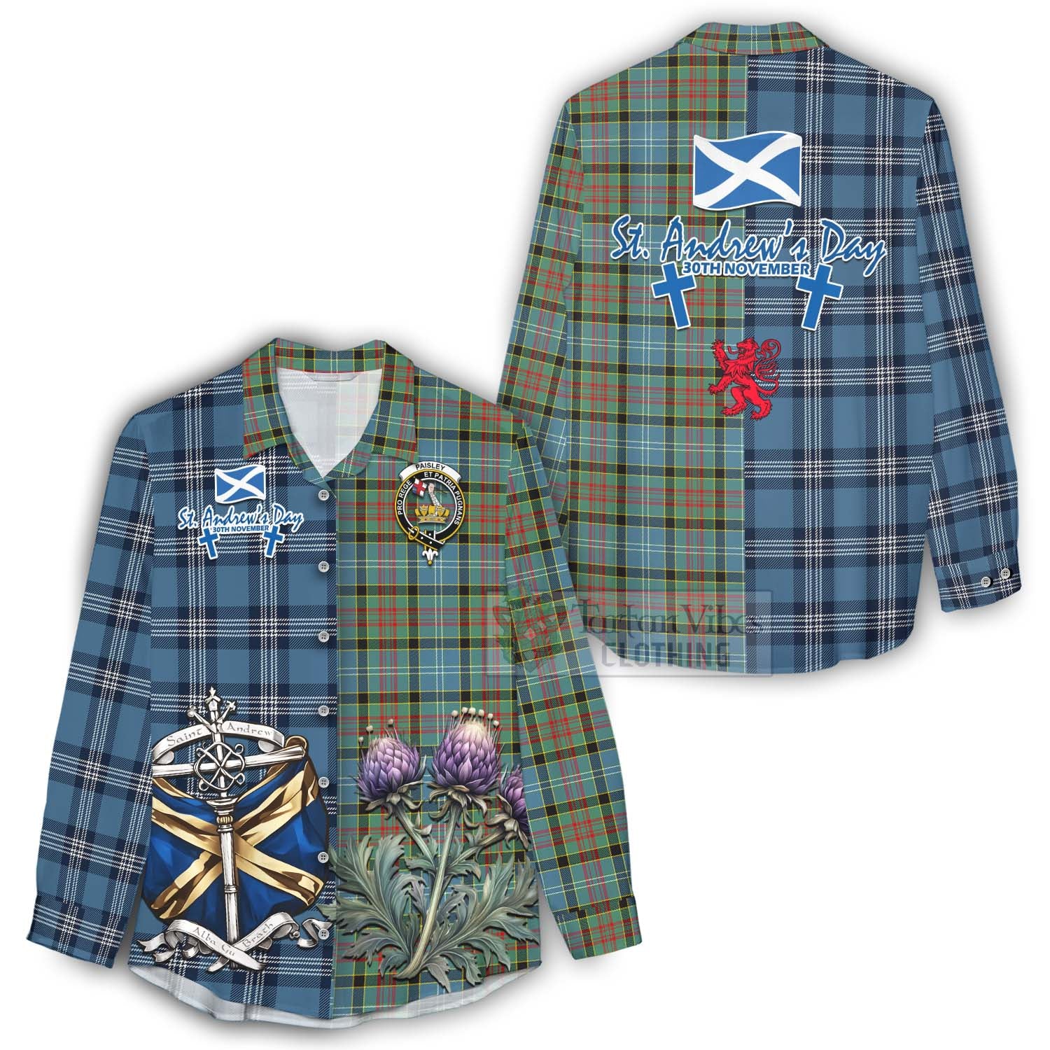 Tartan Vibes Clothing Paisley Tartan Women's Casual Shirt Happy St. Andrew's Day Half Tartan Style