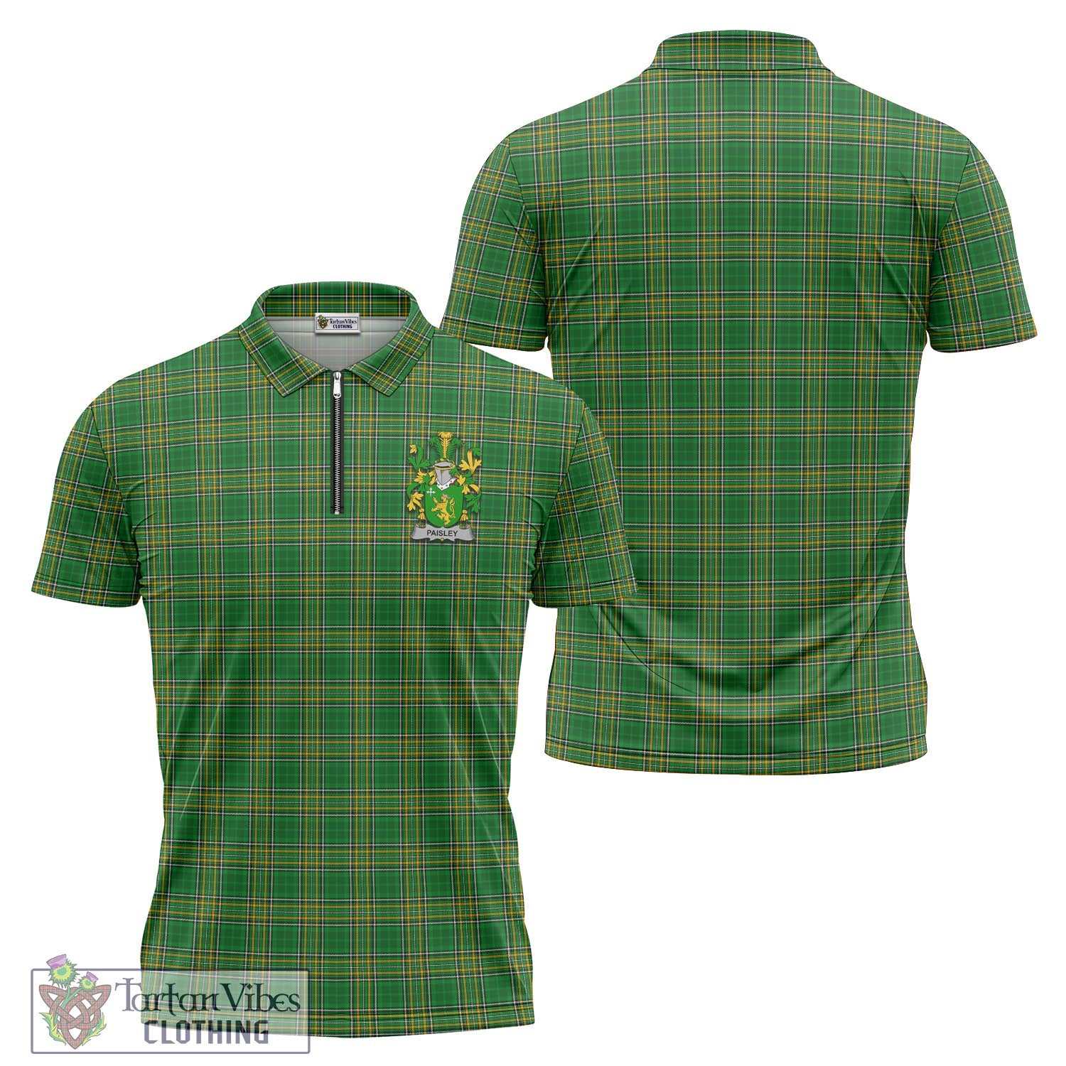 Tartan Vibes Clothing Paisley Ireland Clan Tartan Zipper Polo Shirt with Coat of Arms
