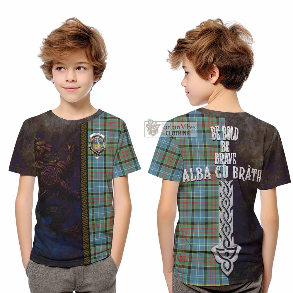 Tartan Vibes Clothing Paisley Tartan Family Crest Kid T-Shirt Alba Gu Brath Be Brave Lion Ancient Style