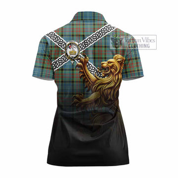 Paisley Crest Tartan Women's Polo Shirt with Golden Lion Emblem Celtic Style