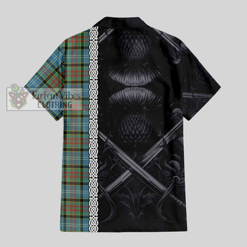 Tartan Vibes Clothing Paisley Tartan Short Sleeve Button Shirt with Family Crest Cross Sword Thistle Celtic Vibes