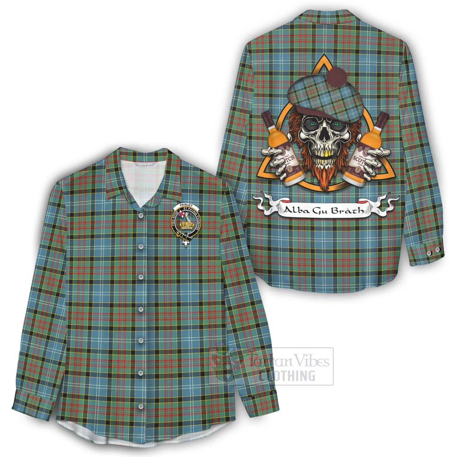 Tartan Vibes Clothing Paisley Tartan Women's Casual Shirt with Family Crest and Bearded Skull Holding Bottles of Whiskey