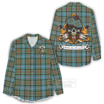 Tartan Vibes Clothing Paisley Tartan Women's Casual Shirt with Family Crest and Bearded Skull Holding Bottles of Whiskey