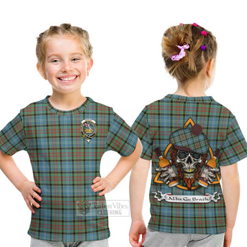 Tartan Vibes Clothing Paisley Tartan Kid T-Shirt with Family Crest and Bearded Skull Holding Bottles of Whiskey