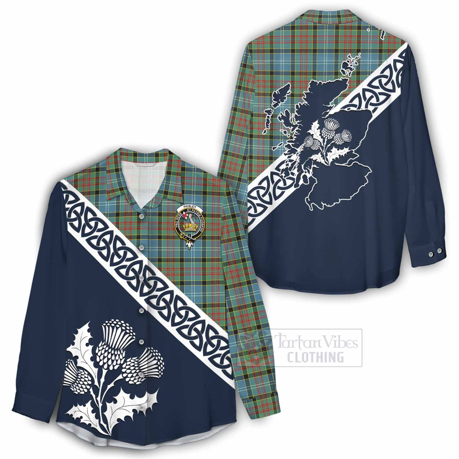 Tartan Vibes Clothing Paisley Tartan Women's Casual Shirt Featuring Thistle and Scotland Map