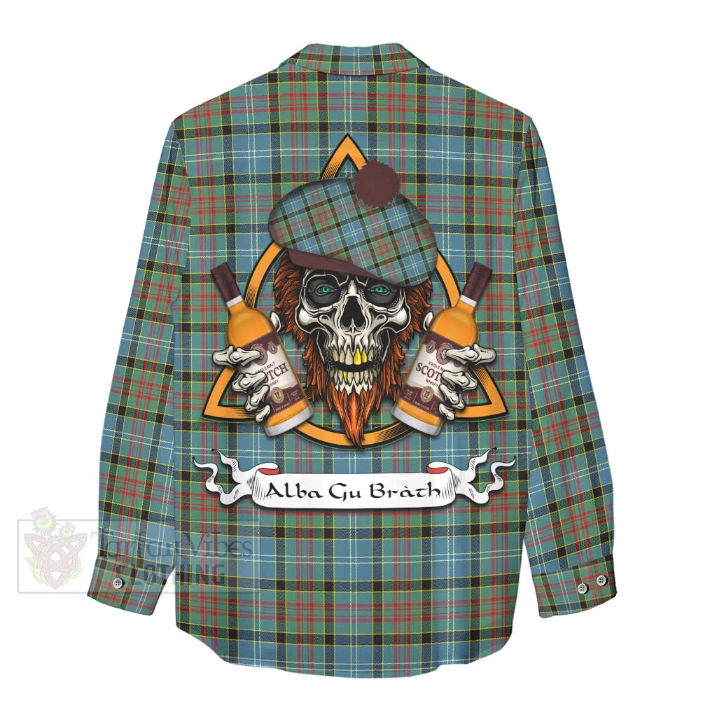 Tartan Vibes Clothing Paisley Tartan Women's Casual Shirt with Family Crest and Bearded Skull Holding Bottles of Whiskey
