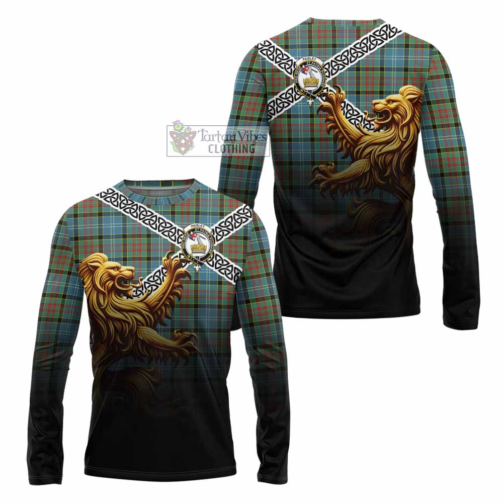 Tartan Vibes Clothing Paisley Crest Tartan Long Sleeve T-Shirt with Golden Lion Emblem Celtic Style