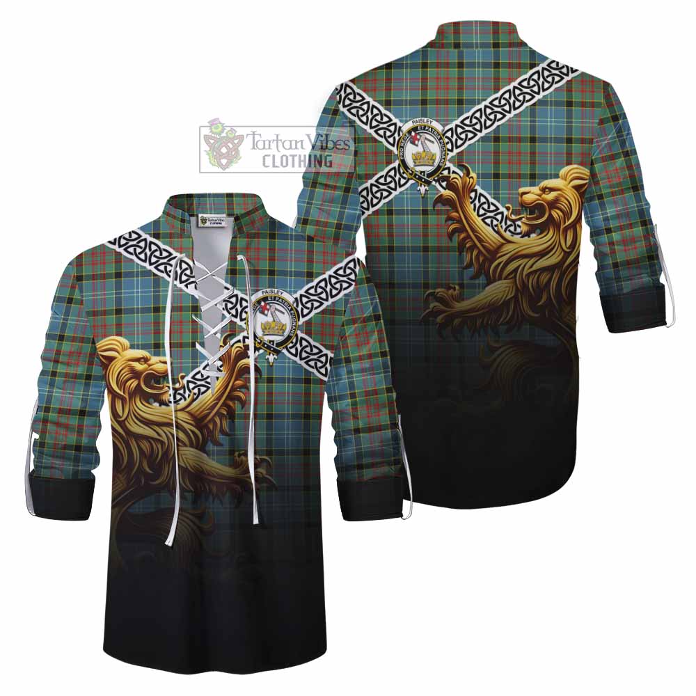 Tartan Vibes Clothing Paisley Crest Tartan Ghillie Kilt Shirt with Golden Lion Emblem Celtic Style