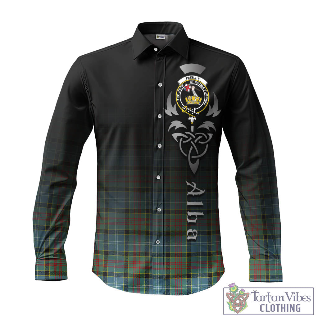 Tartan Vibes Clothing Paisley Tartan Long Sleeve Button Up Featuring Alba Gu Brath Family Crest Celtic Inspired