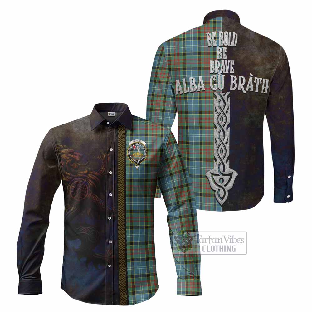 Tartan Vibes Clothing Paisley Tartan Family Crest Long Sleeve Button Shirt Alba Gu Brath Be Brave Lion Ancient Style