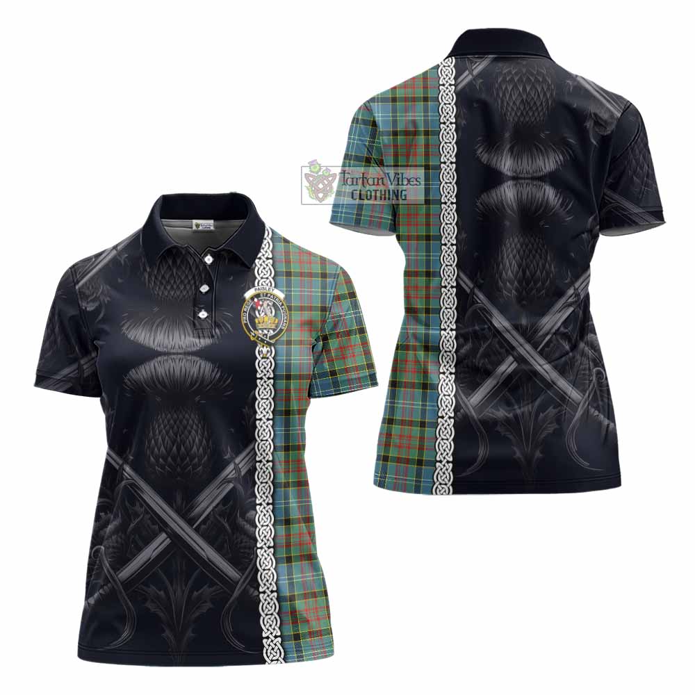 Tartan Vibes Clothing Paisley Tartan Women's Polo Shirt with Family Crest Cross Sword Thistle Celtic Vibes