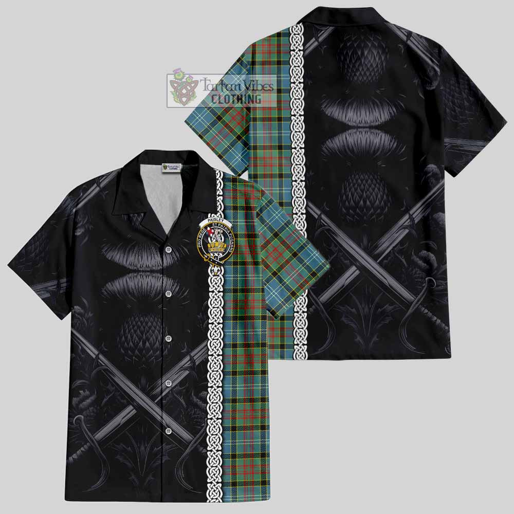 Tartan Vibes Clothing Paisley Tartan Short Sleeve Button Shirt with Family Crest Cross Sword Thistle Celtic Vibes