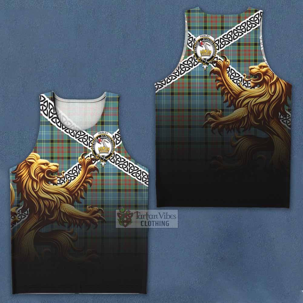 Tartan Vibes Clothing Paisley Crest Tartan Men's Tank Top with Golden Lion Emblem Celtic Style