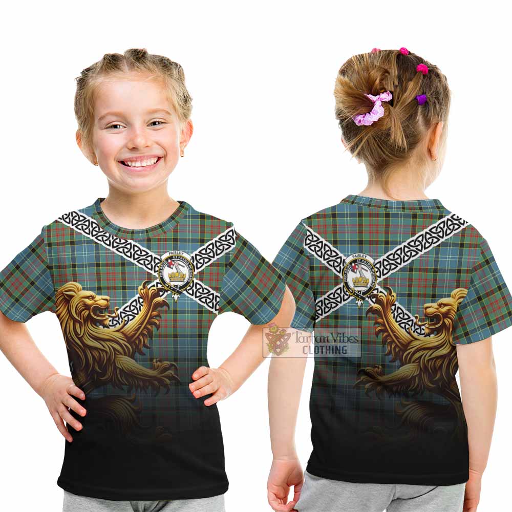 Tartan Vibes Clothing Paisley Crest Tartan Kid T-Shirt with Golden Lion Emblem Celtic Style