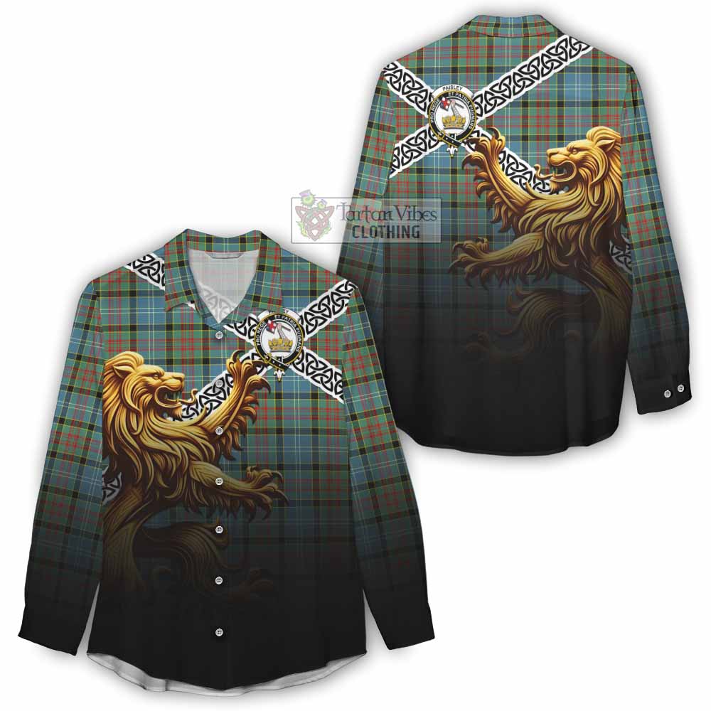 Tartan Vibes Clothing Paisley Crest Tartan Women's Casual Shirt with Golden Lion Emblem Celtic Style
