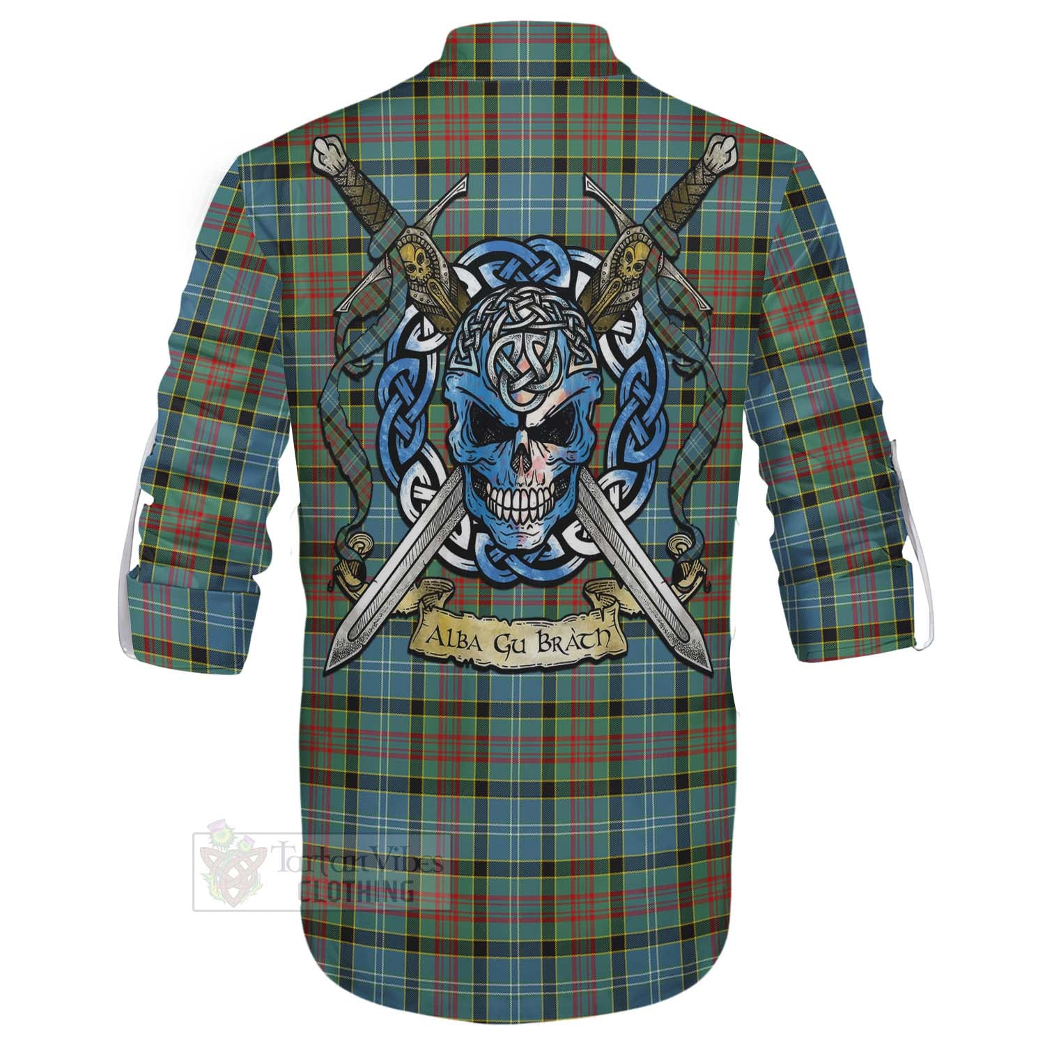 Tartan Vibes Clothing Paisley Tartan Ghillie Kilt Shirt with Family Crest Celtic Skull Style
