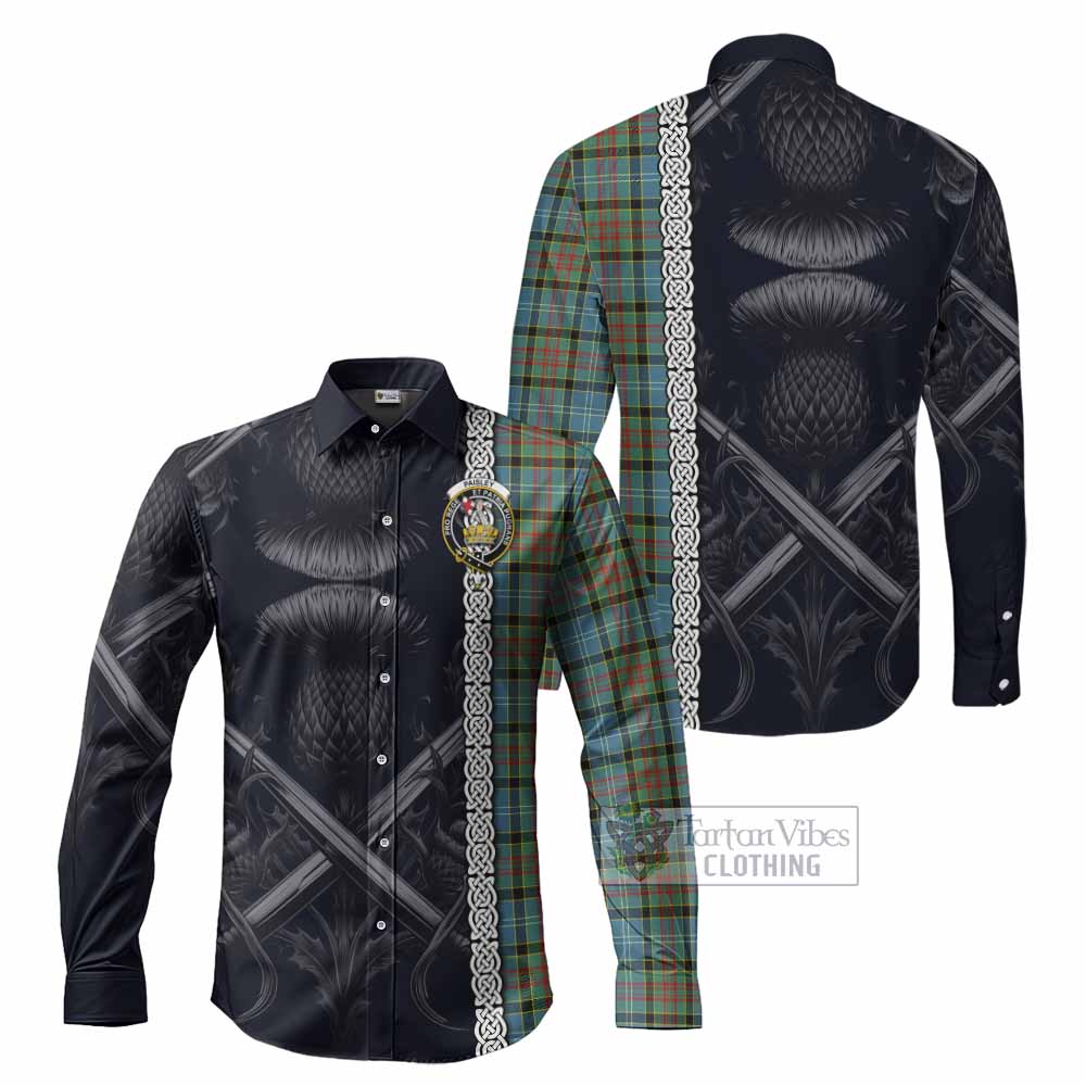 Tartan Vibes Clothing Paisley Tartan Long Sleeve Button Shirt with Family Crest Cross Sword Thistle Celtic Vibes