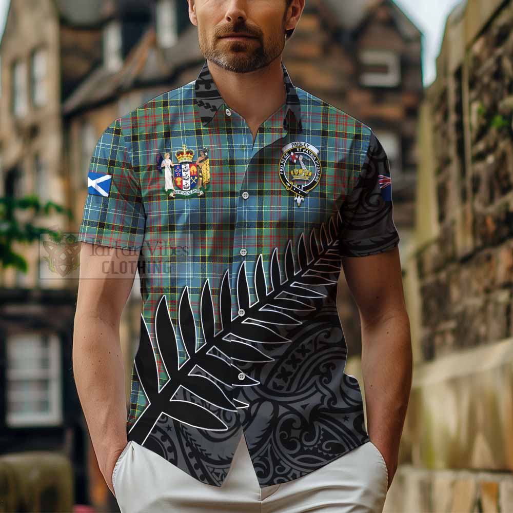 Tartan Vibes Clothing Paisley Crest Tartan Short Sleeve Button Shirt with New Zealand Silver Fern Half Style