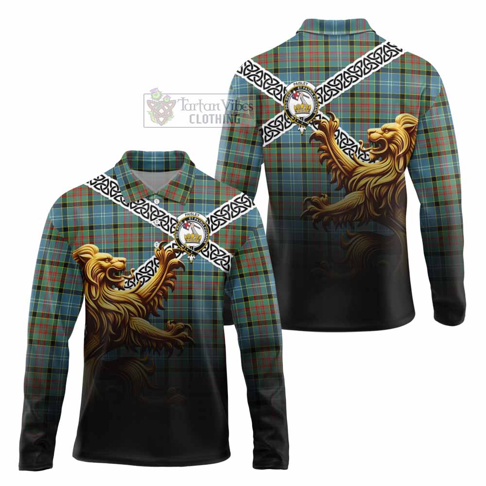 Tartan Vibes Clothing Paisley Crest Tartan Long Sleeve Polo Shirt with Golden Lion Emblem Celtic Style