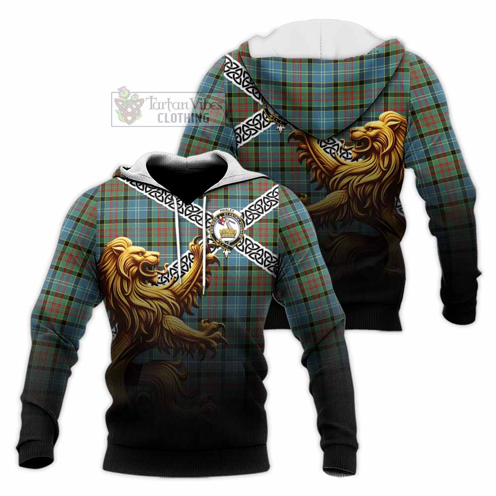 Tartan Vibes Clothing Paisley Crest Tartan Knitted Hoodie with Golden Lion Emblem Celtic Style