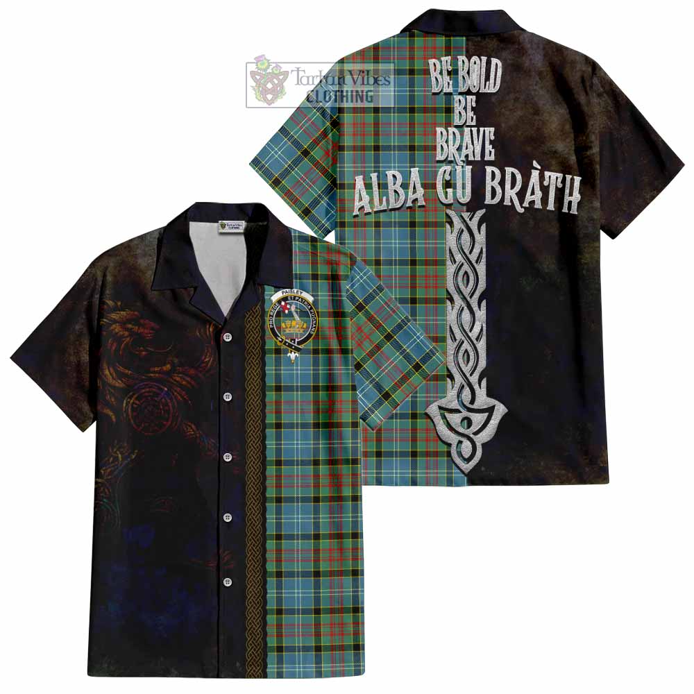 Tartan Vibes Clothing Paisley Tartan Family Crest Short Sleeve Button Shirt Alba Gu Brath Be Brave Lion Ancient Style