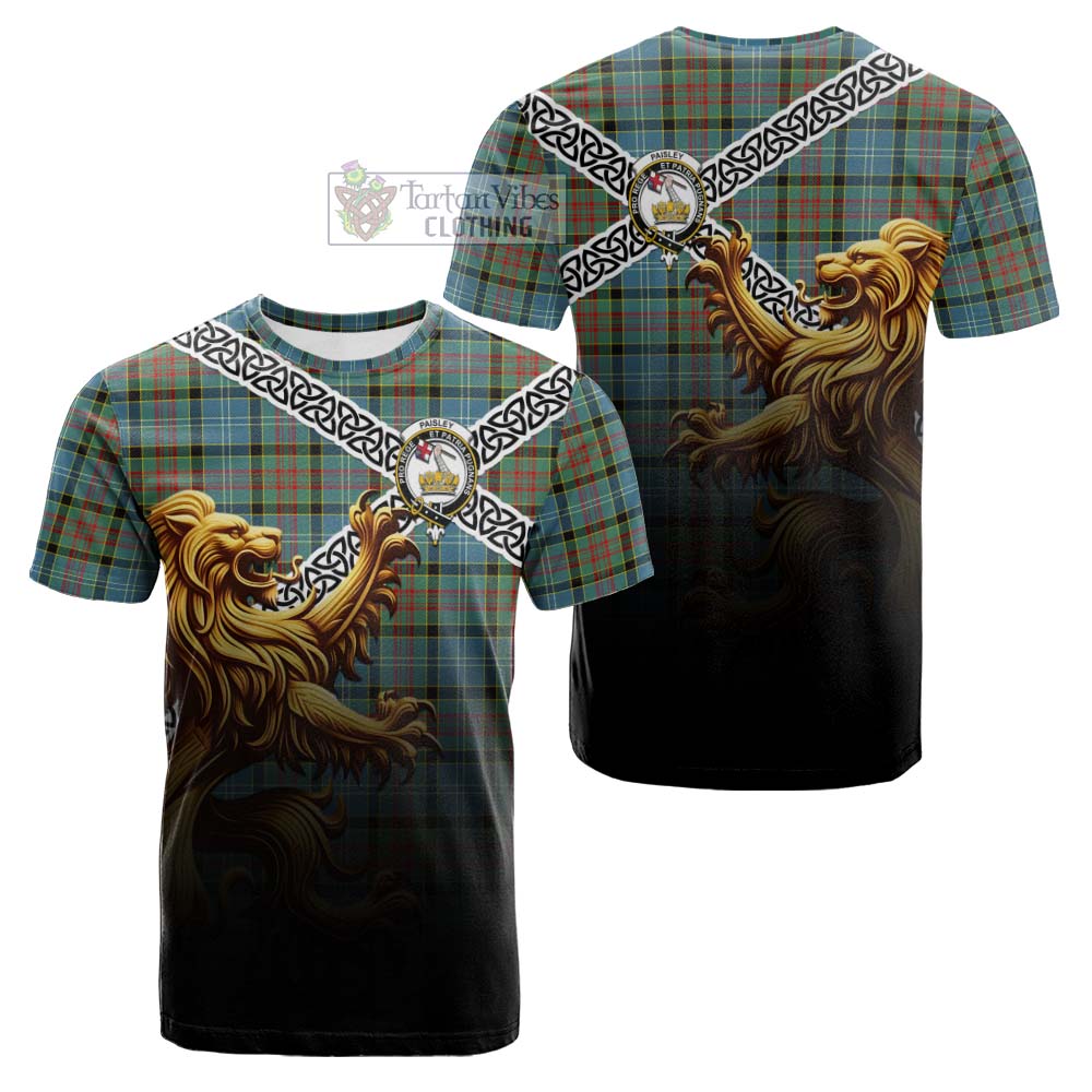 Tartan Vibes Clothing Paisley Crest Tartan Cotton T-shirt with Golden Lion Emblem Celtic Style