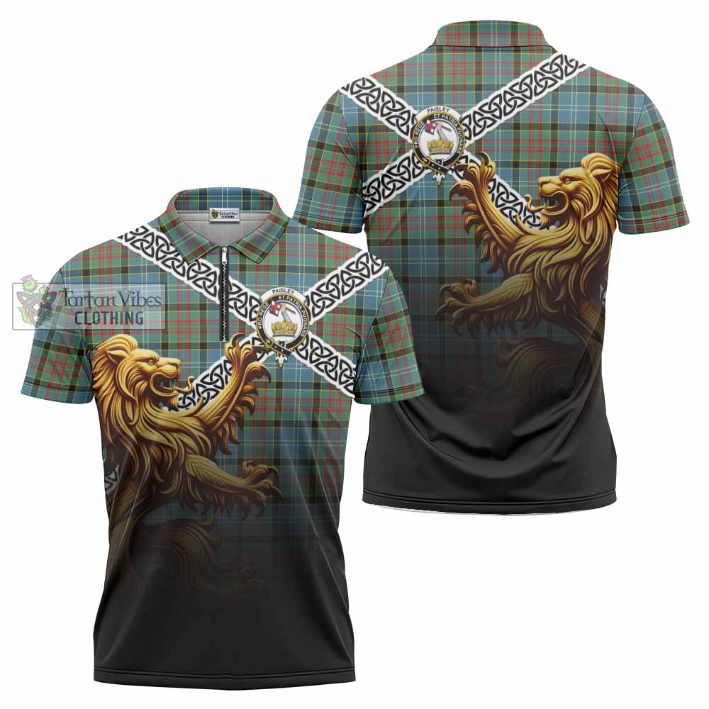 Tartan Vibes Clothing Paisley Crest Tartan Zipper Polo Shirt with Golden Lion Emblem Celtic Style