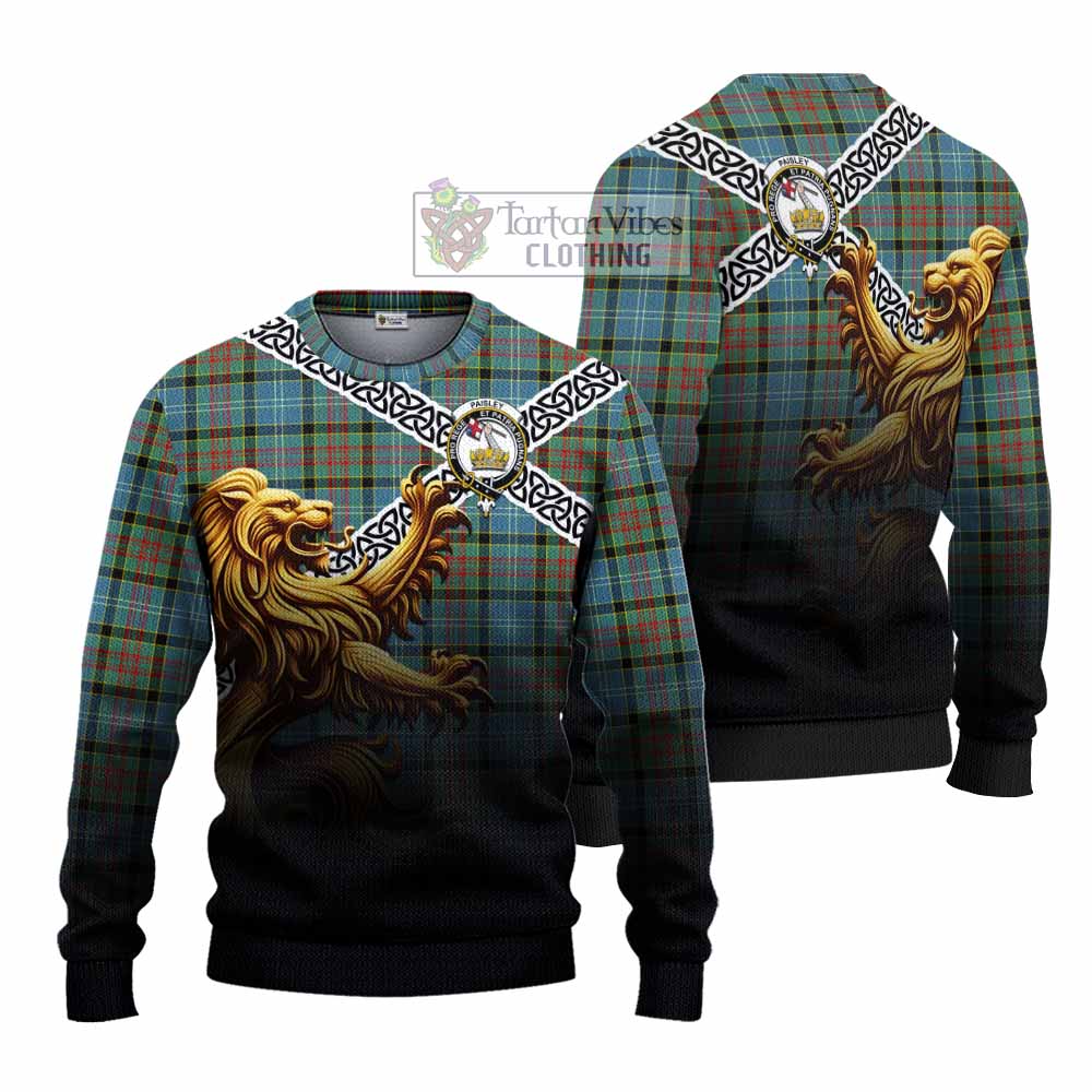Tartan Vibes Clothing Paisley Crest Tartan Knitted Sweater with Golden Lion Emblem Celtic Style