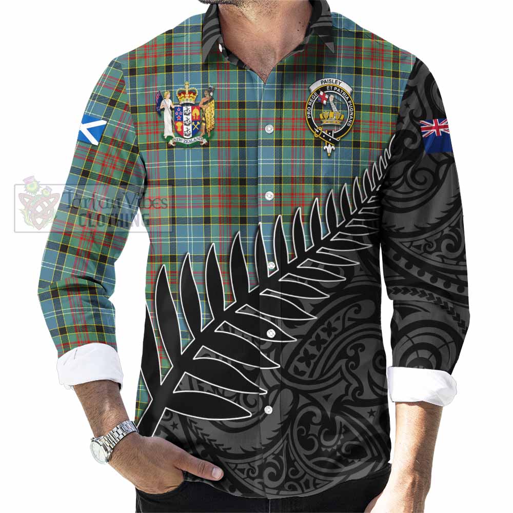 Tartan Vibes Clothing Paisley Crest Tartan Long Sleeve Button Shirt with New Zealand Silver Fern Half Style