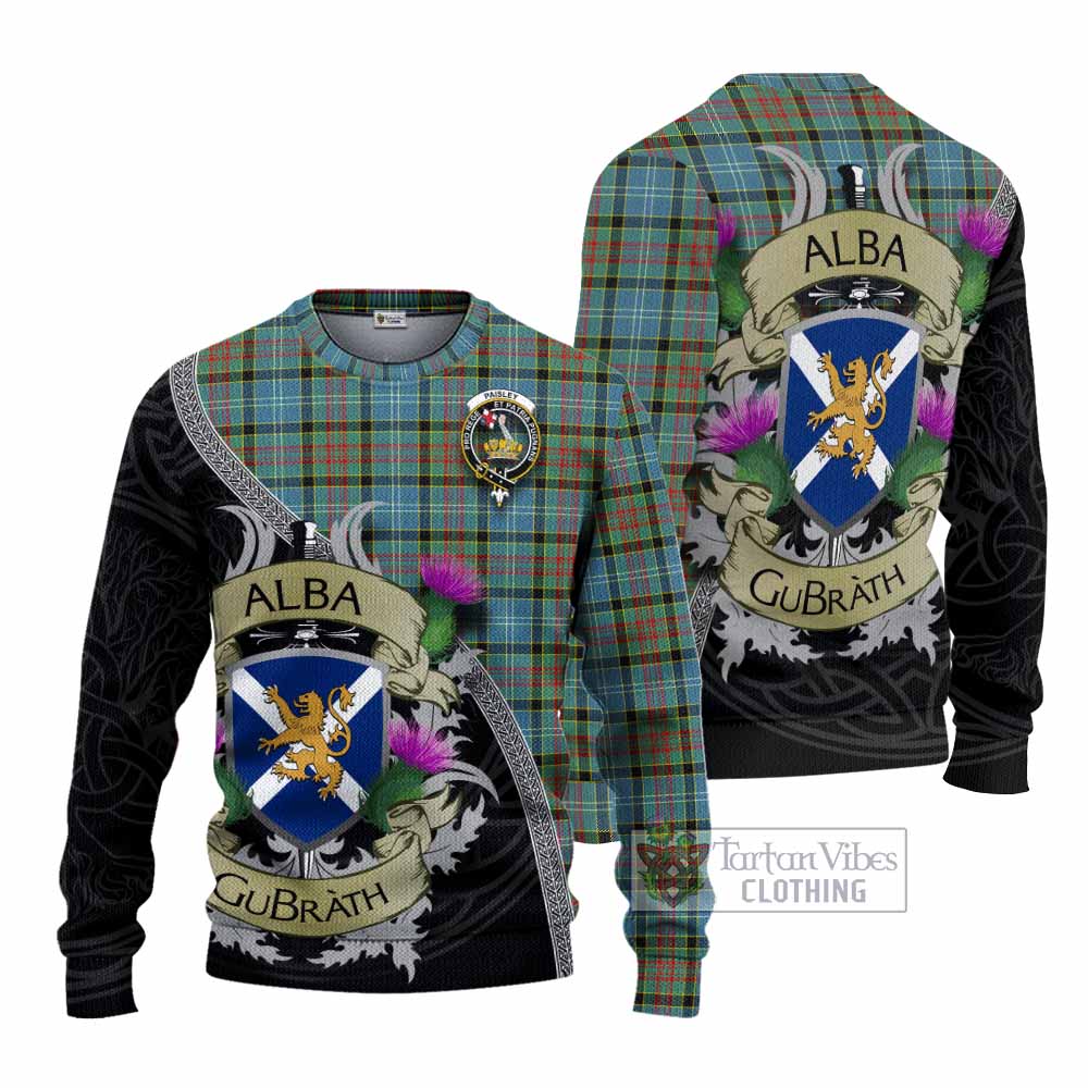 Tartan Vibes Clothing Paisley Tartan Family Crest Knitted Sweater Lion Rampant Royal Thistle Shield Celtic Inspired