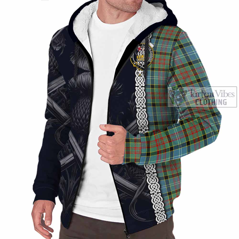 Tartan Vibes Clothing Paisley Tartan Sherpa Hoodie with Family Crest Cross Sword Thistle Celtic Vibes
