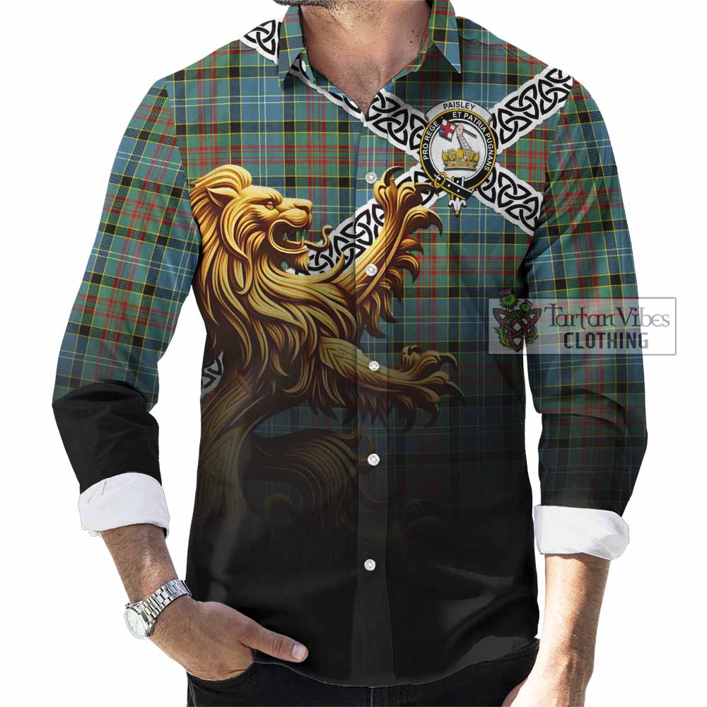 Tartan Vibes Clothing Paisley Crest Tartan Long Sleeve Button Shirt with Golden Lion Emblem Celtic Style