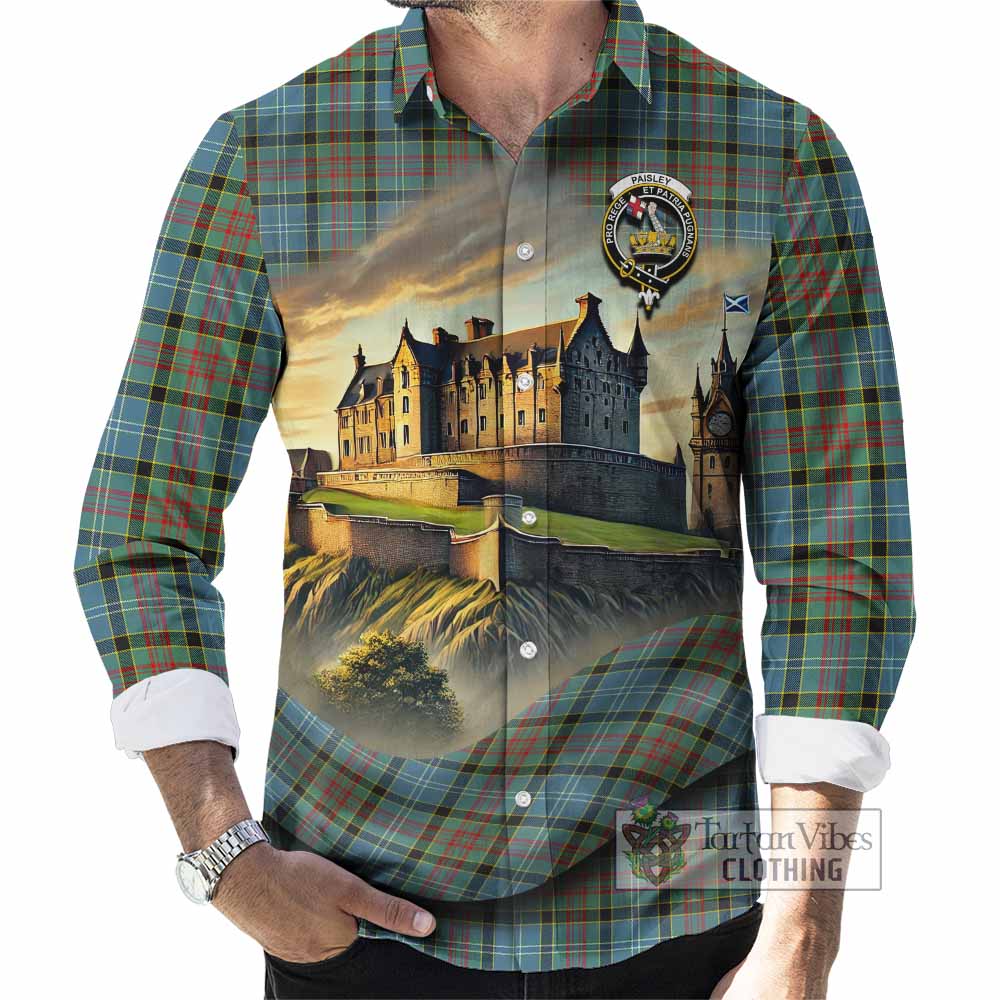 Tartan Vibes Clothing Paisley Tartan Family Crest Long Sleeve Button Shirt with Scottish Ancient Castle Style