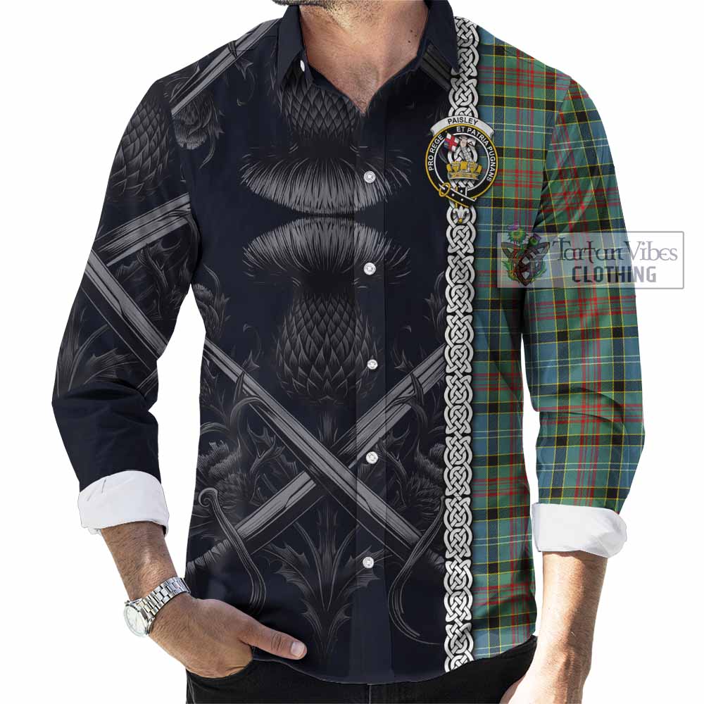 Tartan Vibes Clothing Paisley Tartan Long Sleeve Button Shirt with Family Crest Cross Sword Thistle Celtic Vibes