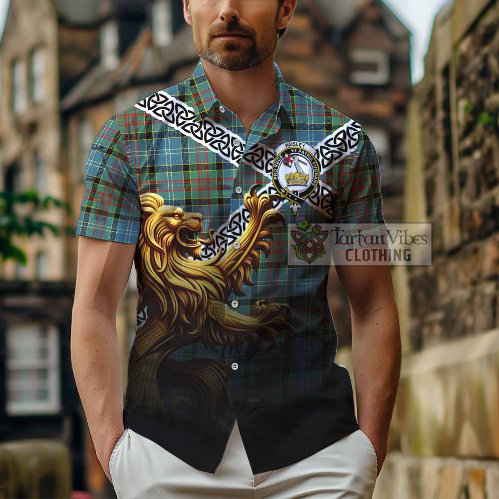 Tartan Vibes Clothing Paisley Crest Tartan Short Sleeve Button Shirt with Golden Lion Emblem Celtic Style