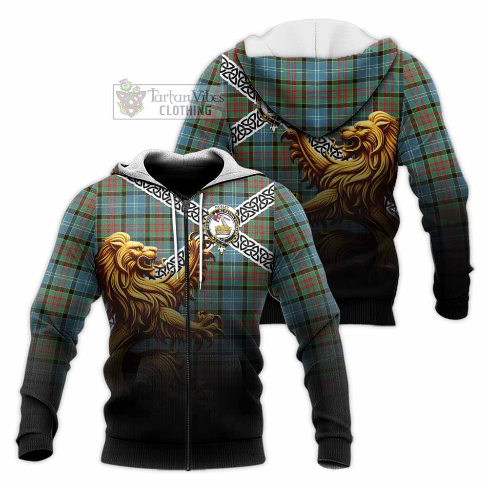Tartan Vibes Clothing Paisley Crest Tartan Knitted Hoodie with Golden Lion Emblem Celtic Style