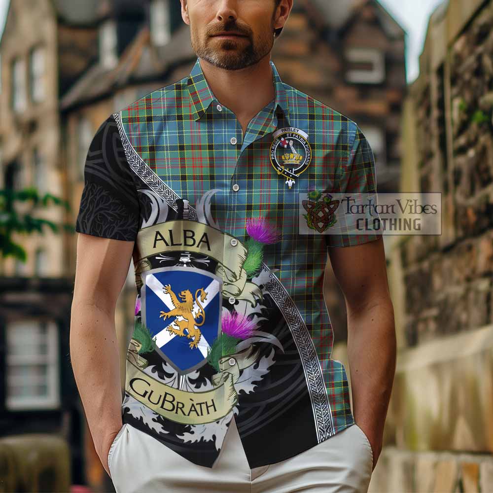 Tartan Vibes Clothing Paisley Tartan Family Crest Short Sleeve Button Shirt Lion Rampant Royal Thistle Shield Celtic Inspired