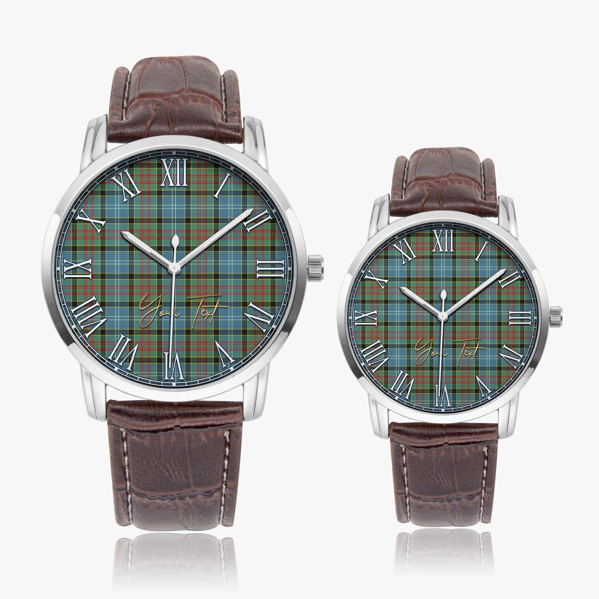 Paisley Tartan Personalized Your Text Leather Trap Quartz Watch Wide Type Silver Case With Brown Leather Strap - Tartanvibesclothing