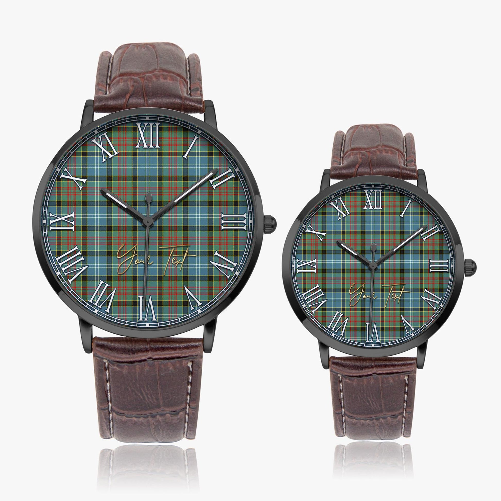 Paisley Tartan Personalized Your Text Leather Trap Quartz Watch Ultra Thin Black Case With Brown Leather Strap - Tartanvibesclothing