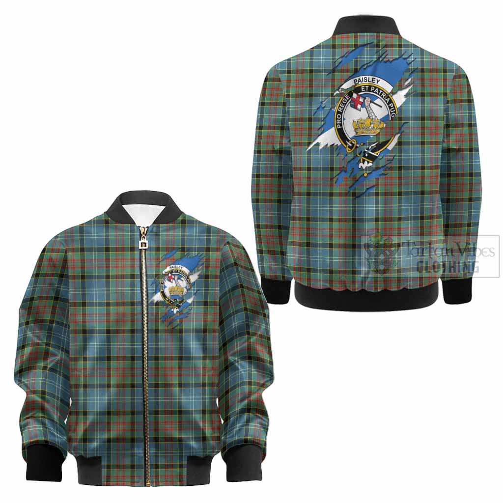 Paisley Clan Crest In Me Tartan Kid Bomber Jacket Scotland Flag Style