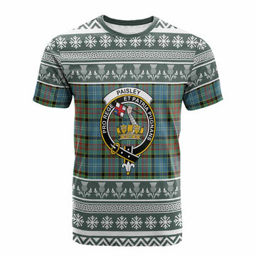 Paisley Clan Tartan Christmas Cotton T-shirt with Family Crest