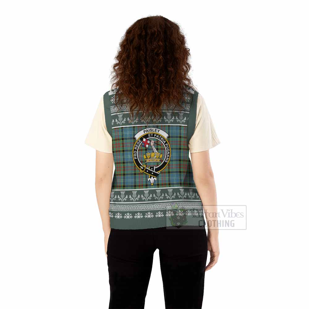 Paisley Clan Tartan Christmas Knitted V-Neck Vest with Family Crest - Tartan Vibes Clothing