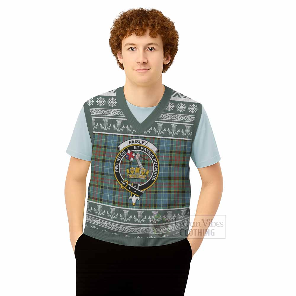 Paisley Clan Tartan Christmas Knitted V-Neck Vest with Family Crest - Tartan Vibes Clothing