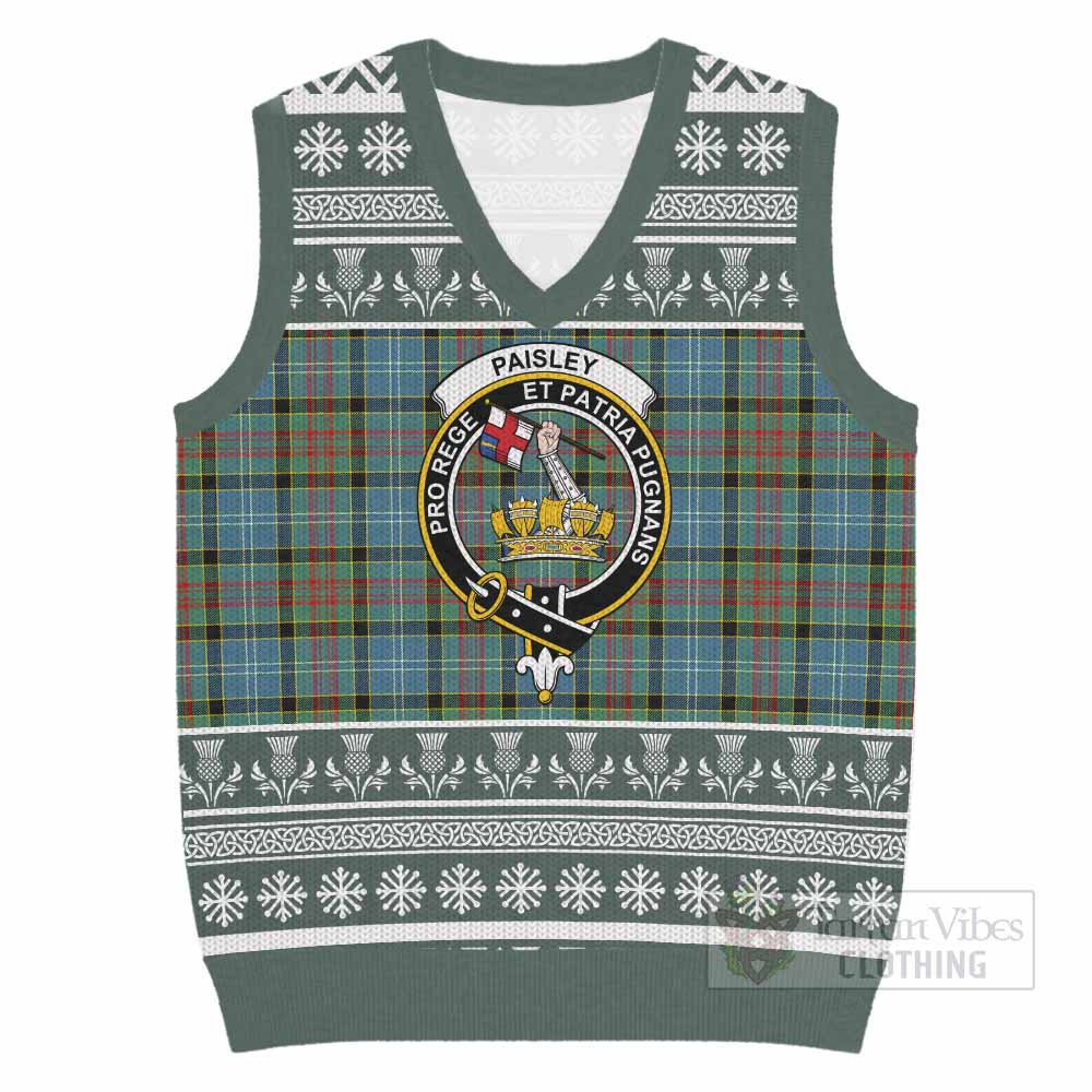 Paisley Clan Tartan Christmas Knitted V-Neck Vest with Family Crest - Tartan Vibes Clothing