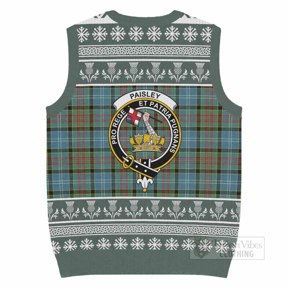 Paisley Clan Tartan Christmas Knitted V-Neck Vest with Family Crest - Tartan Vibes Clothing