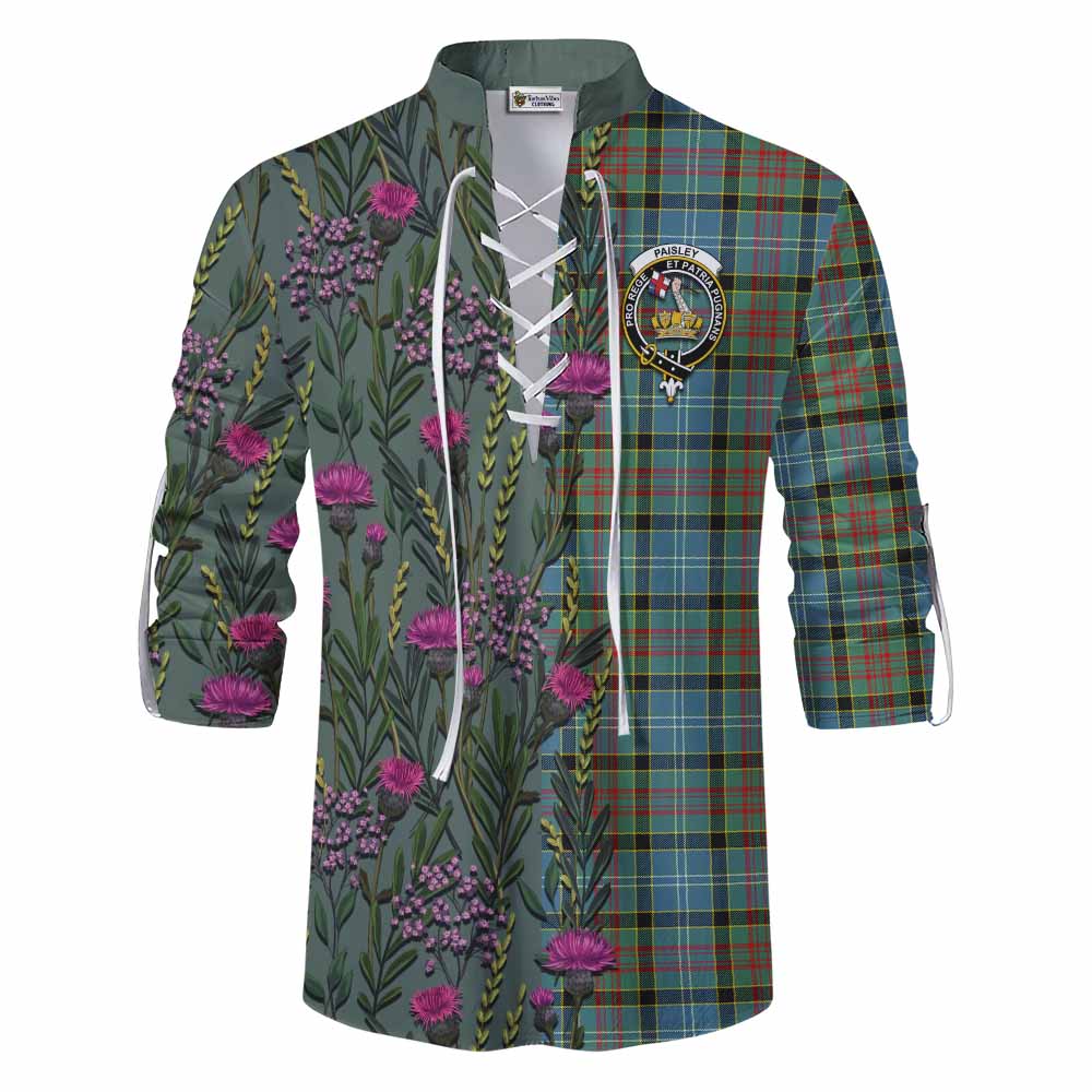Paisley Family Crest Tartan Ghillie Shirt Scottish Thistle Flower Pattern Half Style - Tartan Vibes Clothing