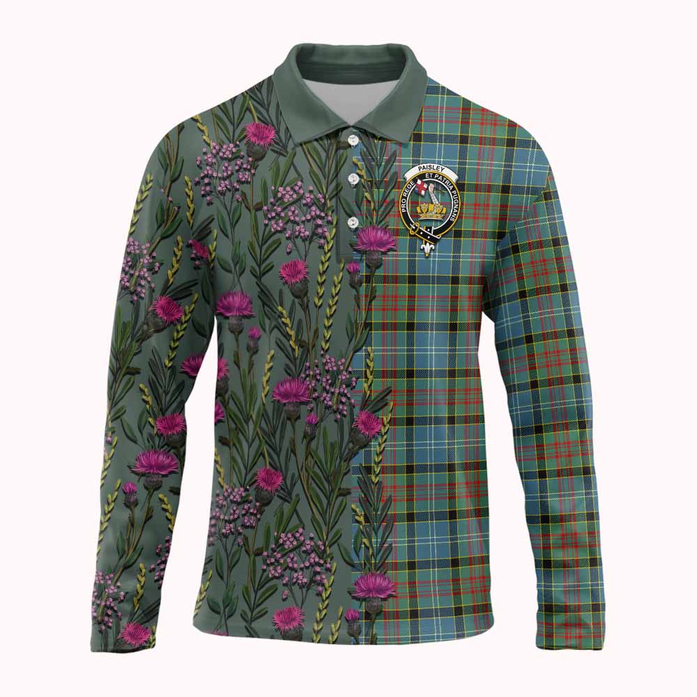 Paisley Family Crest Tartan Long Sleeve Polo Shirt Scottish Thistle Flower Pattern Half Style - Tartan Vibes Clothing
